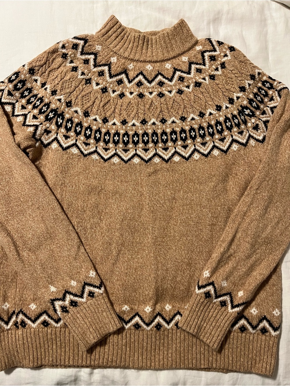 Lands' End Camel Fair Isle Mock Turtleneck Sweater with Black & Cream Accents
